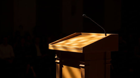 A wooden lectern with a microphone is dramatically illuminated by a spotlight in a dark auditorium, creating a focused and expectant atmosphere for a speaker.の素材