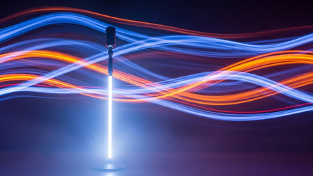 A vintage microphone on a stand is positioned against a dark background with swirling abstract trails of blue and orange neon light.の素材