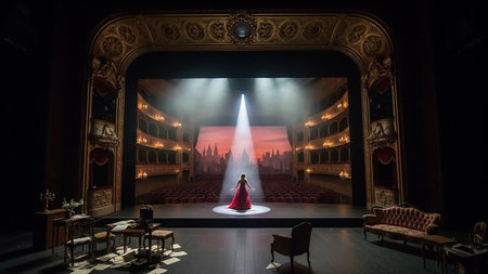 A lone woman in a red dress stands on a theater stage, bathed in a single spotlight, facing an empty audience.の素材