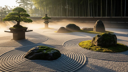 A serene Japanese Zen garden features a bonsai tree, stone lantern, moss-covered rocks, and meticulously raked sand with bamboo in the background.の素材