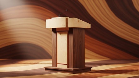A wooden podium with a microphone stands on a floor with a curved wood grain pattern. The background also features a curved wood grain texture.の素材
