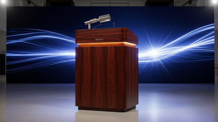 A polished wooden podium with a silver microphone sits center stage against a vibrant blue abstract background with glowing light streaks.の素材