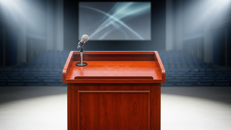 A wooden lectern with a microphone stands on a stage in front of an empty auditorium with rows of seats and a large screen displaying abstract light patterns.の素材