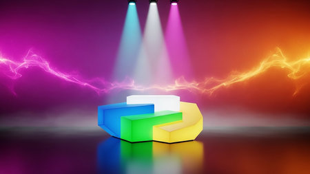 A geometric, multi-colored podium is lit by three spotlights against a vibrant gradient background with abstract light streaks.の素材