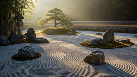 A tranquil Japanese Zen garden displays meticulously raked sand patterns, mossy mounds, rocks, and a stone lantern at sunrise.の素材