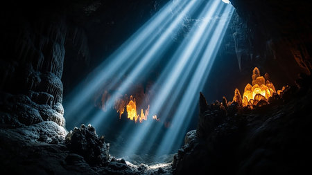 Dramatic showing sunbeams piercing through cave ceiling illuminating crystal formations and stalactites in darkness keywords: cave, cavern, underground, darkness, light rays, sunbeams,...の素材