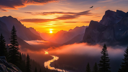 A breathtaking mountain valley at sunset, with a winding river reflecting the vibrant orange and yellow sky, surrounded by pine trees and mist.の素材
