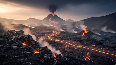 A dramatic volcanic eruption spews smoke and ash into the sky, with glowing lava flowing across the dark, rocky landscape.の素材