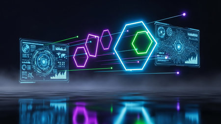 An abstract digital interface featuring glowing neon hexagons and data streams on a dark, reflective surface.の素材