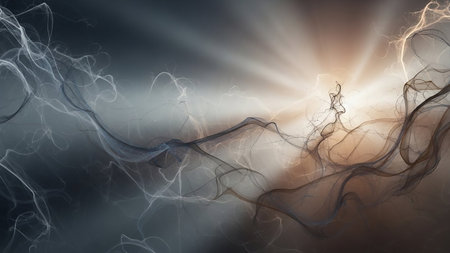 Abstract swirling smoke and ethereal light rays create a dramatic and luminous effect with a warm glow against a dark, textured background.の素材