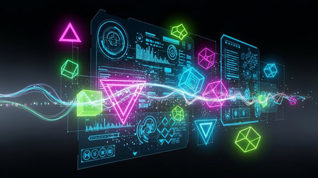 An abstract digital interface featuring glowing neon geometric shapes and intricate data visualizations flowing across a dark background.の素材