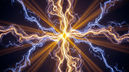 A vibrant abstract image depicting a powerful energetic lightning storm with bright glowing light beams radiating outwards from a central point.の素材