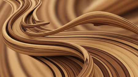 An abstract swirling pattern of wood grain with flowing lines in warm brown and beige tones, creating a smooth, organic texture.の素材