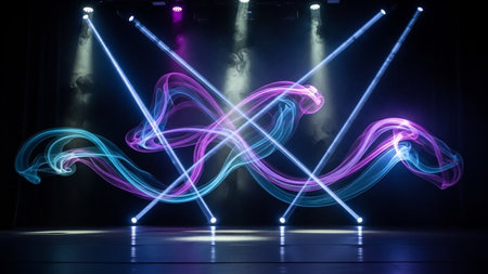 Abstract swirling ribbons of neon light in blue and purple, intersected by bright white stage spotlights against a dark background.の素材