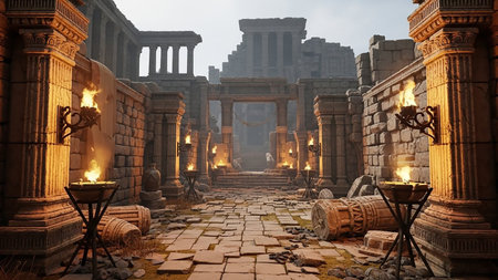 Ancient stone ruins with weathered columns and arches, lit by flickering torches, create a dramatic and atmospheric scene.の素材