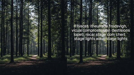 A dark forest with tall trees lining a path, featuring dappled sunlight and shadows, with illegible text overlayed on the right side of the image.の素材