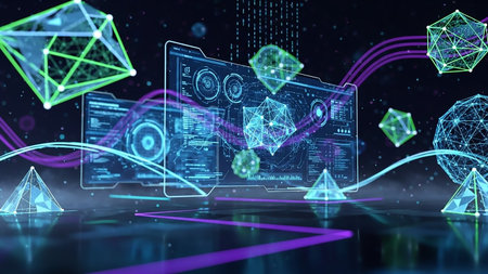 A digital data visualization featuring glowing geometric shapes and futuristic screens, illustrating complex information and technological advancement.の素材