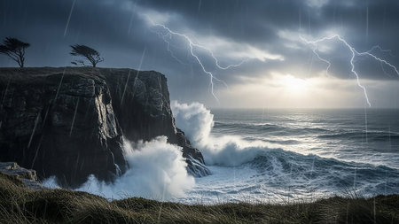 A dramatic stormy seascape features powerful waves crashing against a rocky cliff, illuminated by lightning under a dark, rain-filled sky.の素材