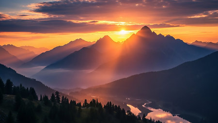 A breathtaking sunset casts dramatic sun rays over a layered mountain range. A winding river reflects the warm, golden light in the valley below.の素材