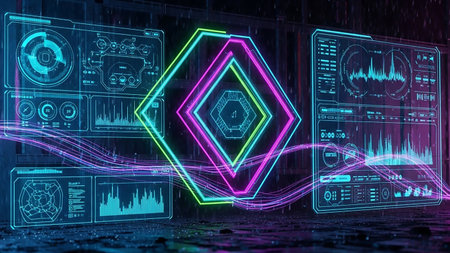 Multiple digital screens display data charts and graphs, framed by glowing neon geometric shapes and wavy light streams on a textured surface.の素材