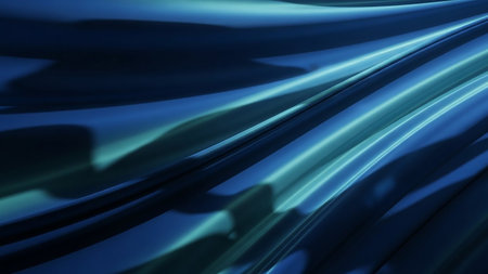 An abstract close-up of deep blue and teal flowing fabric with smooth, glossy folds and highlights.の素材