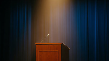 An empty wooden podium with a microphone stands under a dramatic spotlight against a backdrop of dark blue curtains.の素材