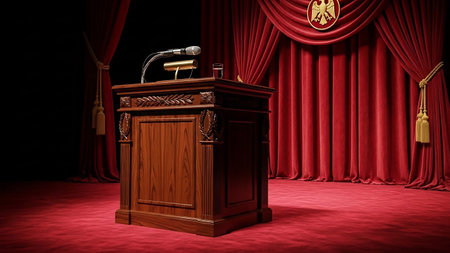 An empty wooden podium with a microphone and a glass of water is set on a red carpeted stage, framed by dark red velvet curtains.の素材