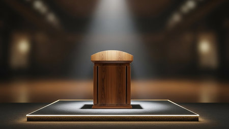 An empty wooden podium stands on a stage, bathed in a single spotlight with a blurred background.の素材