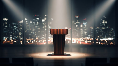 A dark wooden podium stands alone on a stage, illuminated by a single bright spotlight. A blurred city skyline is visible through large windows in the background.の素材