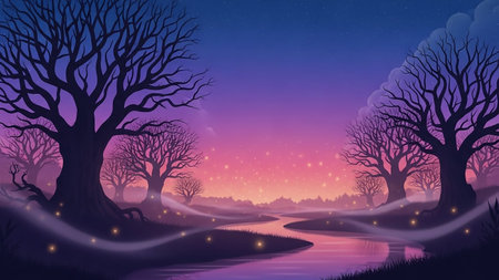 A magical twilight landscape with silhouetted trees lining a winding river, soft mist, and numerous glowing fireflies illuminating the scene.の素材