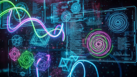 A futuristic digital interface displays data visualizations with glowing geometric shapes and neon light trails against a dark background.の素材