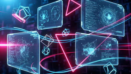 Futuristic holographic screens display complex geometric shapes and lines of code against a dark, abstract background with glowing neon accents.の素材