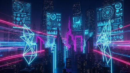A futuristic city skyline at night, illuminated by vibrant neon lights and featuring large holographic data displays on buildings.の素材