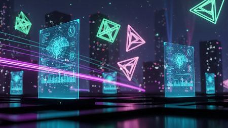 A futuristic digital interface displays glowing geometric shapes and data visualizations with light streaks, set against a blurred city background.の素材