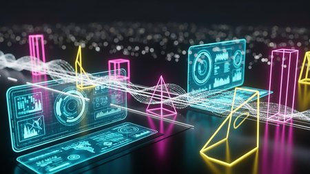 A dark, blurred background with glowing neon geometric shapes and digital data displays on screens, suggesting a complex technological interface and information processing.の素材