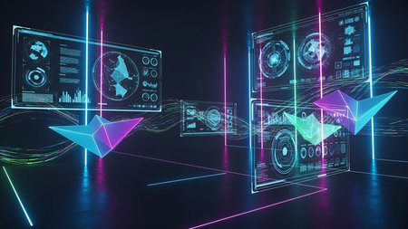 Futuristic digital interfaces with glowing neon geometric shapes and abstract light streaks against a dark background.の素材