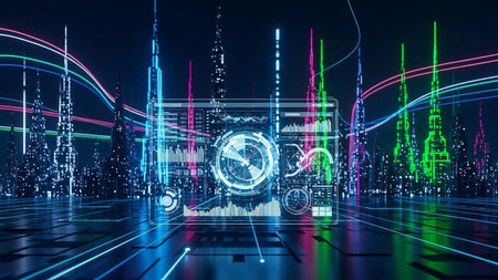 A futuristic digital interface with glowing charts and graphs is centered against a dark background featuring a neon-lit city skyline and vibrant light trails.の素材