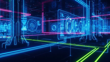 A dark, futuristic digital environment filled with glowing blue, pink, and green neon lines forming abstract structures and data screens displaying complex information.の素材