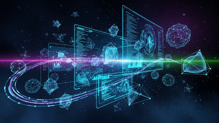A complex digital interface with glowing geometric shapes and data streams flows through a dark, cosmic background.の素材