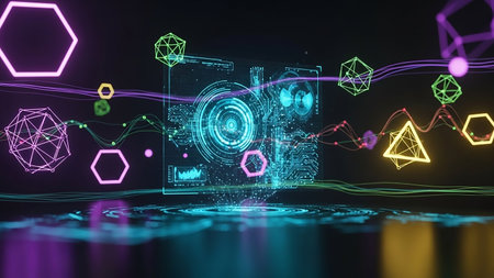 A futuristic holographic interface displays glowing geometric shapes and data streams against a dark background with neon accents.の素材