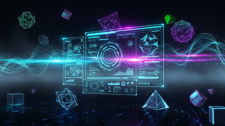 A futuristic digital interface displays complex data and geometric shapes, illuminated by vibrant neon blue and pink light waves.の素材