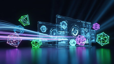 Transparent holographic screens display complex data with glowing wireframe geometric shapes and colorful light trails moving across a dark background.の素材
