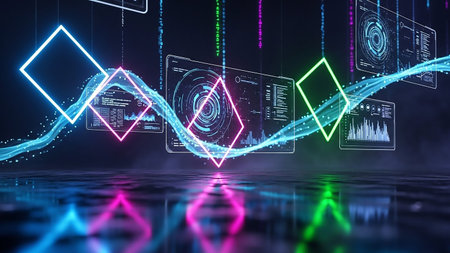 Glowing neon squares and data streams flow across futuristic digital screens with charts and graphs against a dark, reflective surface.の素材