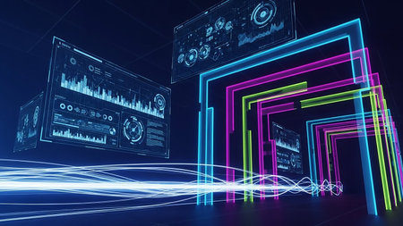 A futuristic digital interface displays data visualizations and charts, framed by glowing neon lines in a dark, abstract environment.の素材