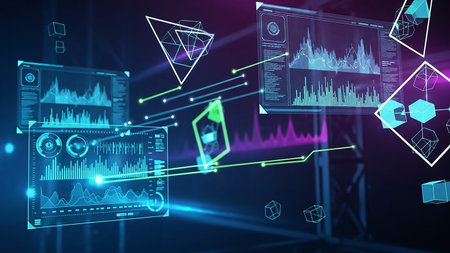 Abstract digital screens display glowing graphs, charts, and geometric forms, interconnected by light lines, suggesting data analysis.の素材