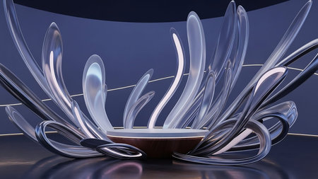 A futuristic podium with swirling metallic and translucent glass elements in cool blue tones, creating an abstract and elegant display.の素材