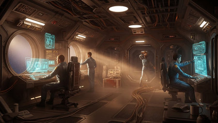 A spaceship bridge crew works at illuminated control panels, with a view of a starfield through a large circular window.の素材