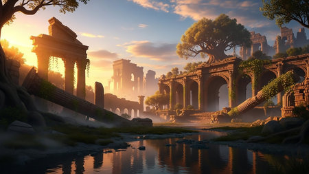 Ancient Roman ruins with crumbling columns and arches bathed in golden sunset light, reflecting in the water below.の素材