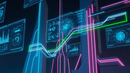 An abstract digital interface featuring glowing neon lines connecting various screens displaying complex data visualizations and charts in a dark environment.の素材