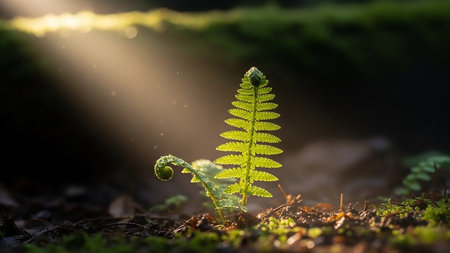 A young fern frond unfurls in a forest, illuminated by a dramatic shaft of sunlight filtering through the trees.の素材